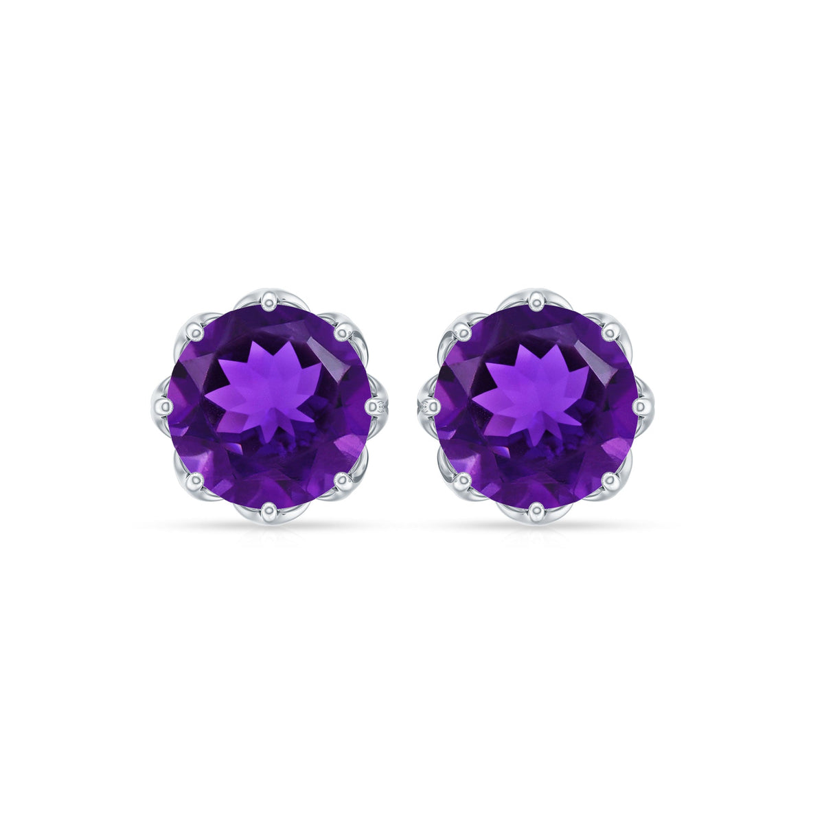 Natural amethyst solitaire stud earrings with screw back from Rosec Jewels, featuring round purple gemstones and secure fastening.