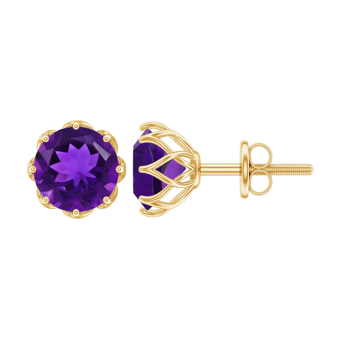 Natural amethyst solitaire stud earrings with screw back by Rosec Jewels, showcasing round amethyst gemstones and secure fastening.