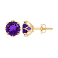 Natural amethyst solitaire stud earrings with screw back by Rosec Jewels, showcasing round amethyst gemstones and secure fastening.