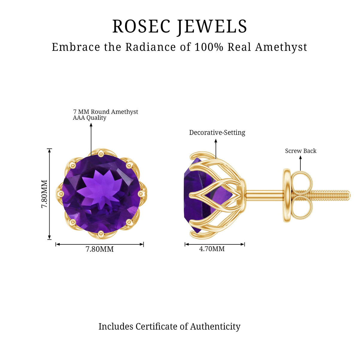 Natural amethyst solitaire stud earrings with screw back, elegant jewelry piece by Rosec Jewels featuring purple gemstone settings.