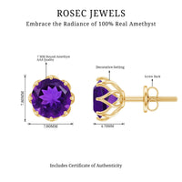 Natural amethyst solitaire stud earrings with screw back, elegant jewelry piece by Rosec Jewels featuring purple gemstone settings.