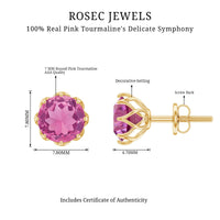 Natural 2.4 carat pink tourmaline solitaire earrings with screw back from Rosec Jewels, showcasing elegant gemstone jewelry.