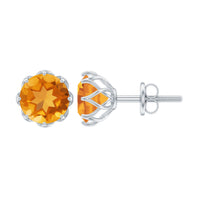 Natural 7mm citrine stud earrings with screw back from Rosec Jewels, showcasing sparkling yellow gemstones on silver posts.
