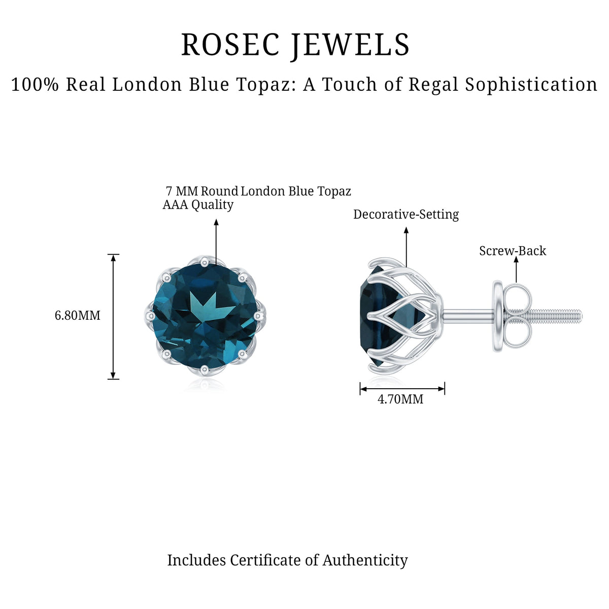 Rosec Jewels 2.7 Carat London Blue Topaz solitaire stud earrings with certificate, featuring vibrant blue gemstones and classic design.