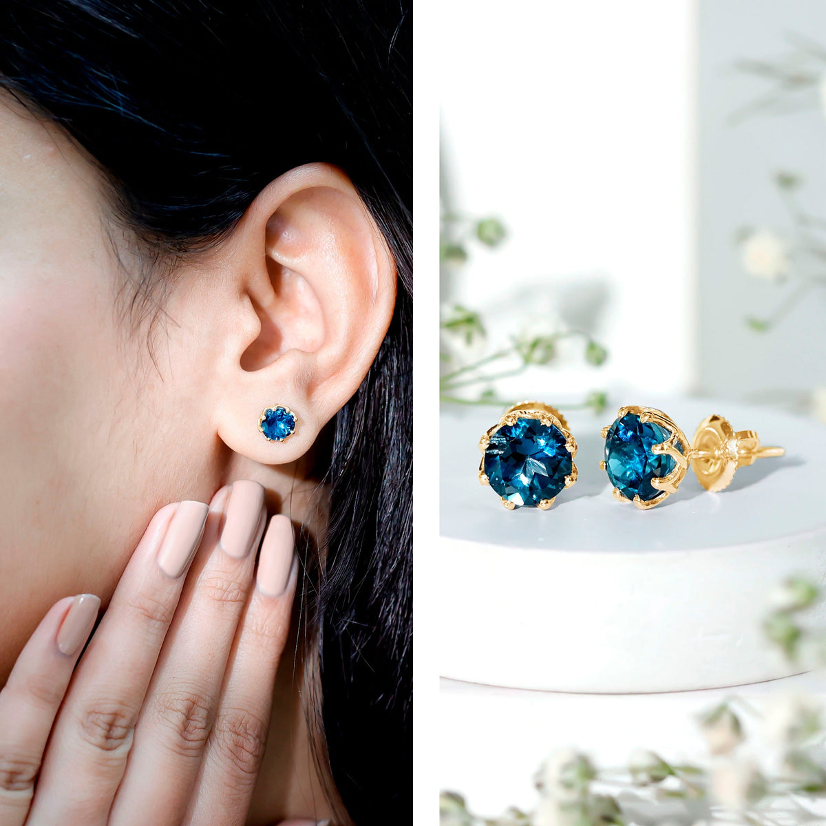 Rosec Jewels 2.7 Carat London Blue Topaz solitaire stud earrings with certification, featuring vibrant blue gemstones and classic design.