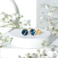 Rosec Jewels 2.7 Carat London Blue Topaz solitaire stud earrings with certificate, showcasing vibrant blue gemstones and elegant design.