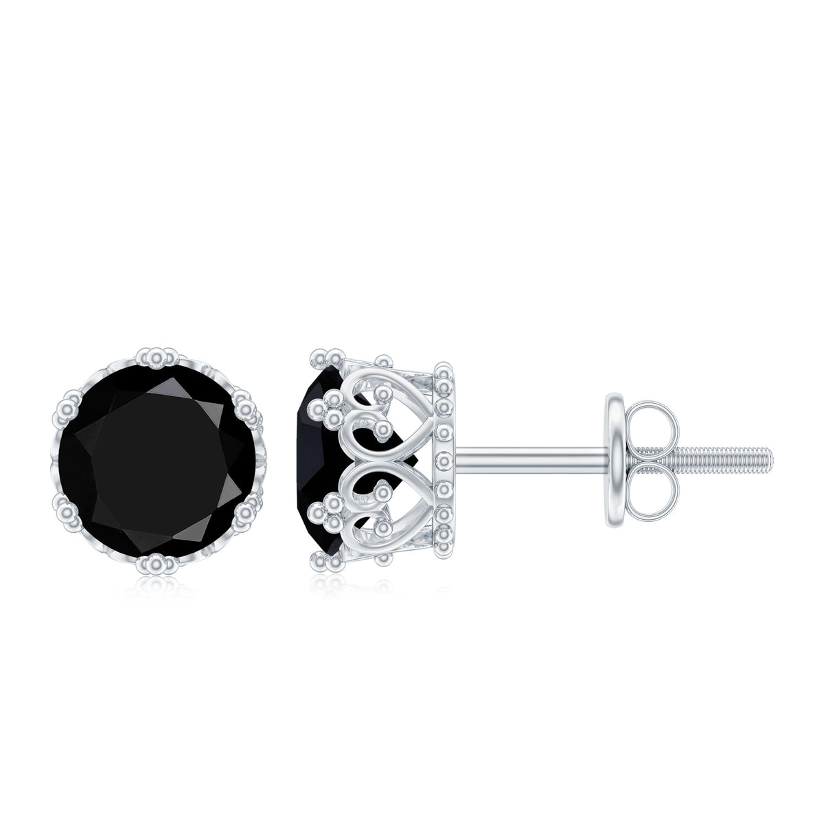Three-carat genuine black spinel crown stud earrings by Rosec Jewels, featuring sparkling black spinel stones and intricate crown design.
