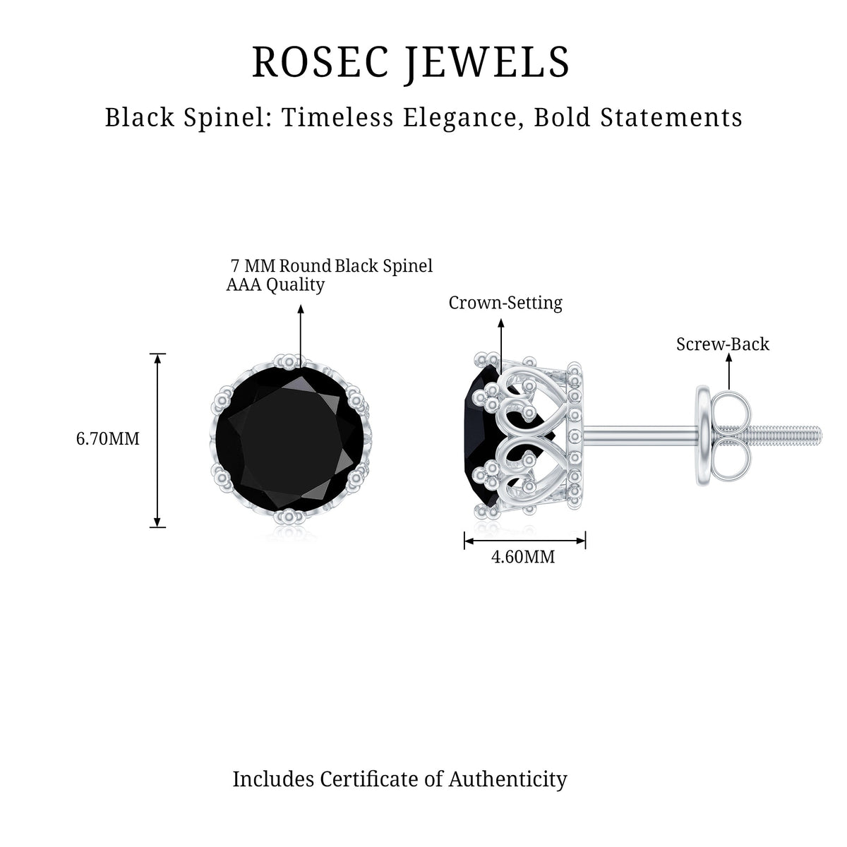Rosec Jewels 3 Carat genuine black spinel crown stud earrings with intricate gold detailing, showcasing elegant jewelry design.