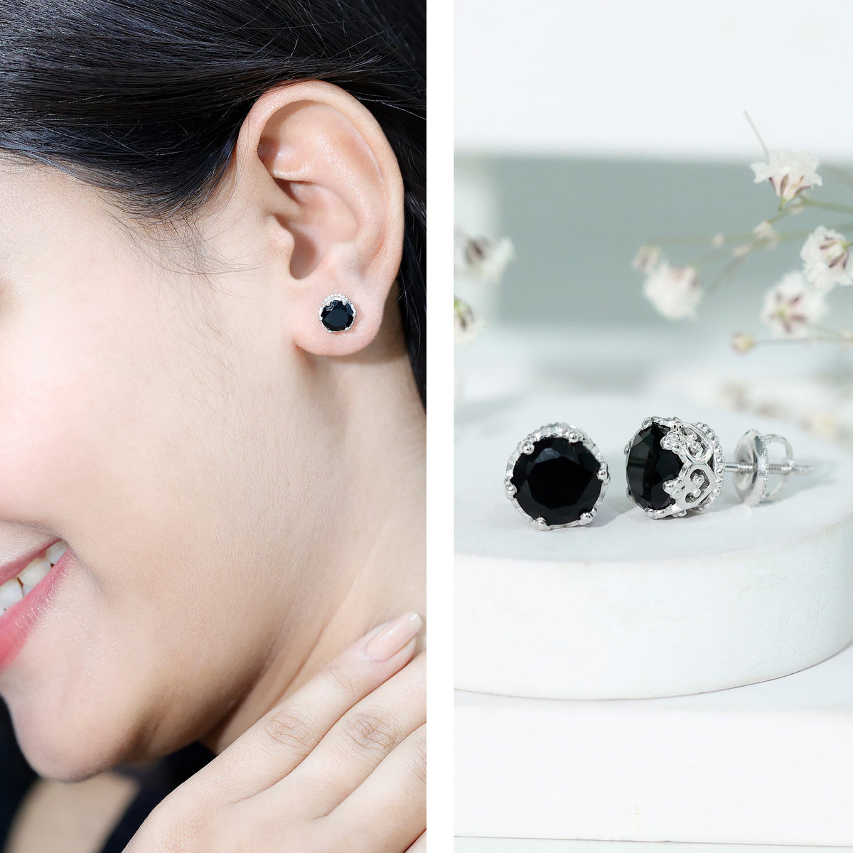 Three-carat black spinel crown stud earrings by Rosec Jewels featuring sparkling black gemstones and intricate crown design.