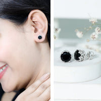 Three-carat black spinel crown stud earrings by Rosec Jewels featuring sparkling black gemstones and intricate crown design.