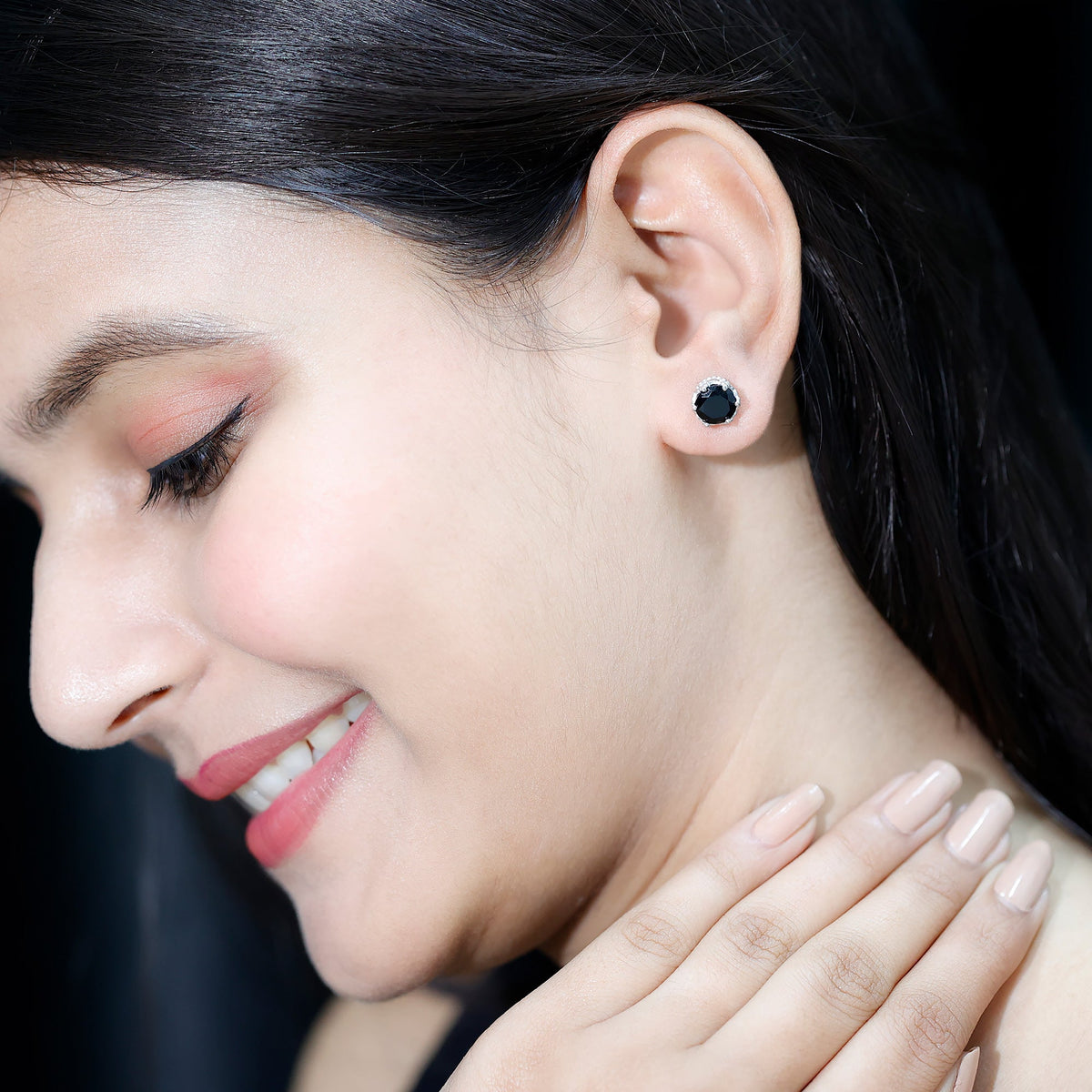 Three-carat genuine black spinel crown stud earrings by Rosec Jewels, featuring sparkling black gemstones and intricate crown design.