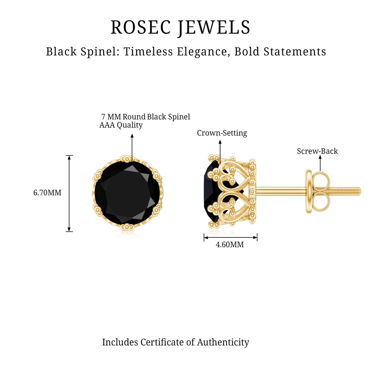 Rosec Jewels 3 Carat genuine black spinel crown stud earrings with intricate design and secure posts.