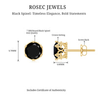 Rosec Jewels 3 Carat genuine black spinel crown stud earrings with intricate design and secure posts.