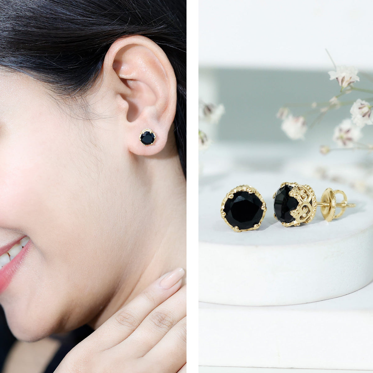 Genuine black spinel crown stud earrings by Rosec Jewels featuring 3 carats of sparkling black gemstones on silver settings.