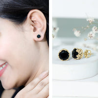 Genuine black spinel crown stud earrings by Rosec Jewels featuring 3 carats of sparkling black gemstones on silver settings.
