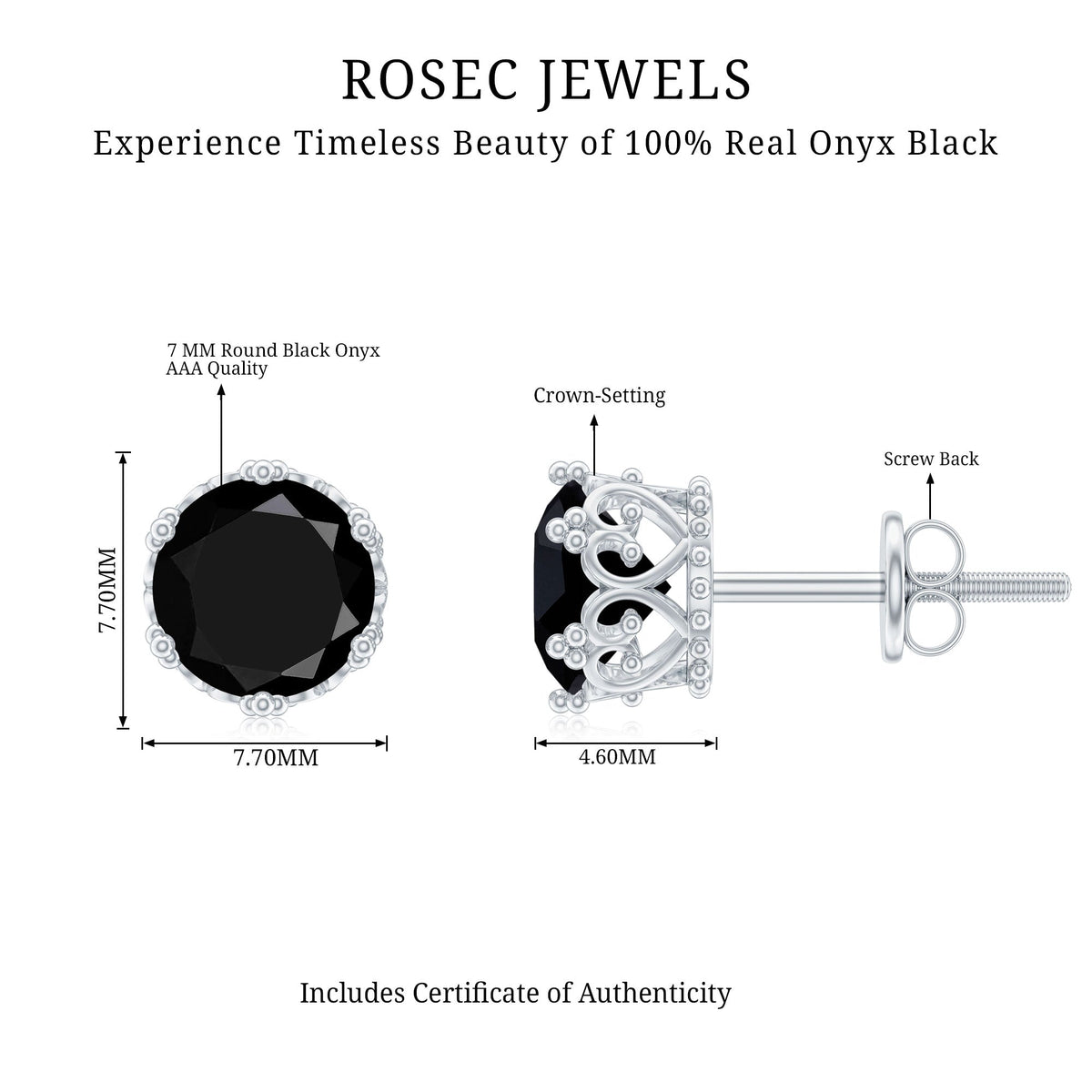 Genuine black onyx crown stud earrings with screw back from Rosec Jewels, showcasing elegant black gemstone design