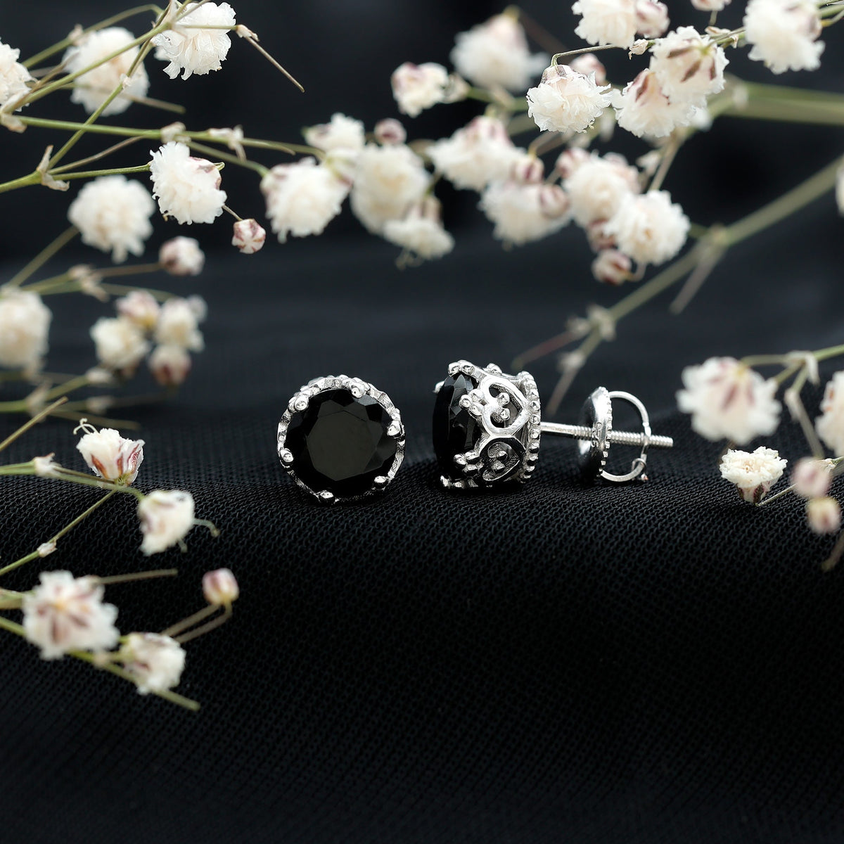 Genuine black onyx crown stud earrings with screw back, elegant jewelry by Rosec Jewels.