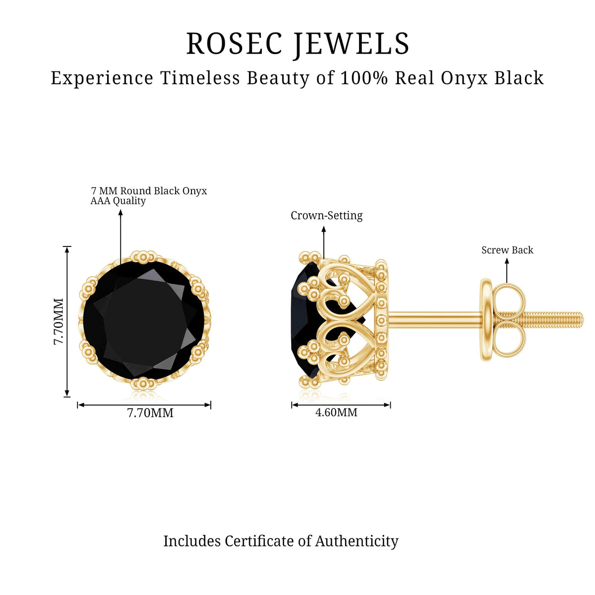 Genuine black onyx crown stud earrings with screw back by Rosec Jewels, showcasing elegant black onyx stones and detailed crown design.