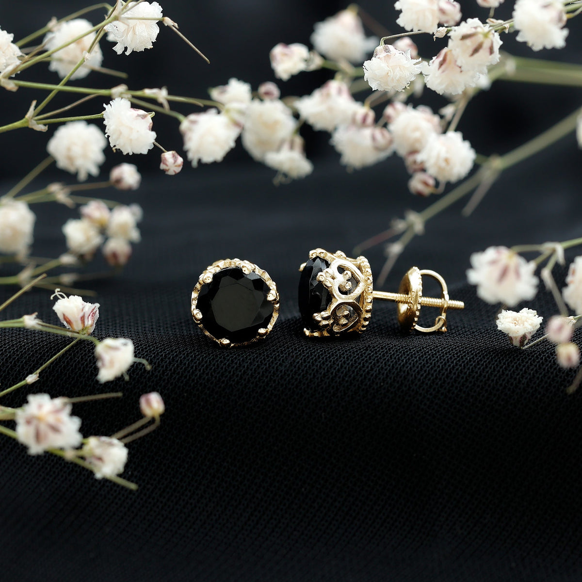 Genuine black onyx crown stud earrings with screw back closures by Rosec Jewels, showcasing elegant gemstone jewelry.