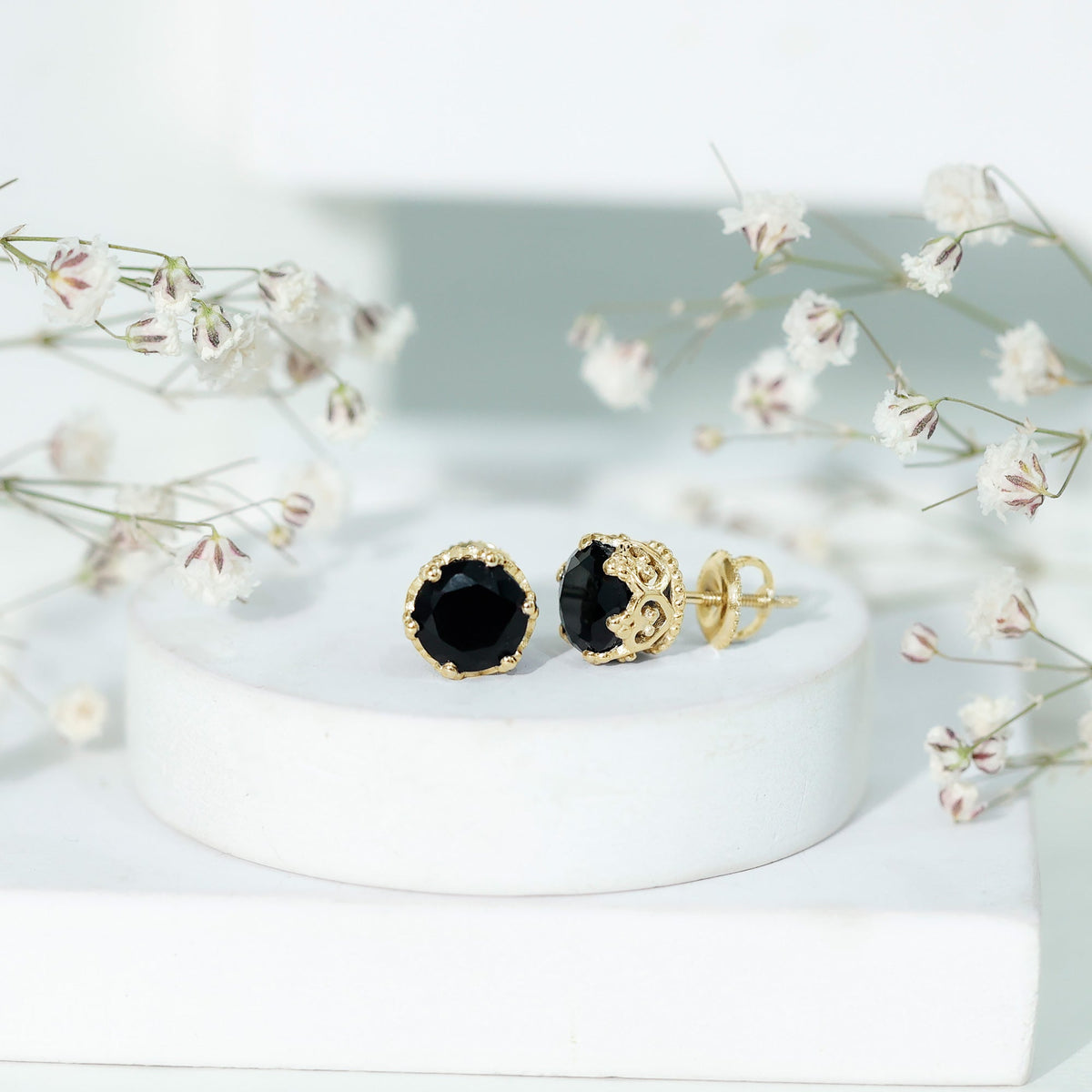 Genuine black onyx crown stud earrings with screw back for women, featuring elegant jewelry design by Rosec Jewels.