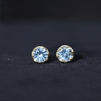 Rosec Jewels 1.6 Carat genuine aquamarine crown stud earrings with yellow gold setting, featuring sparkling blue gemstones.
