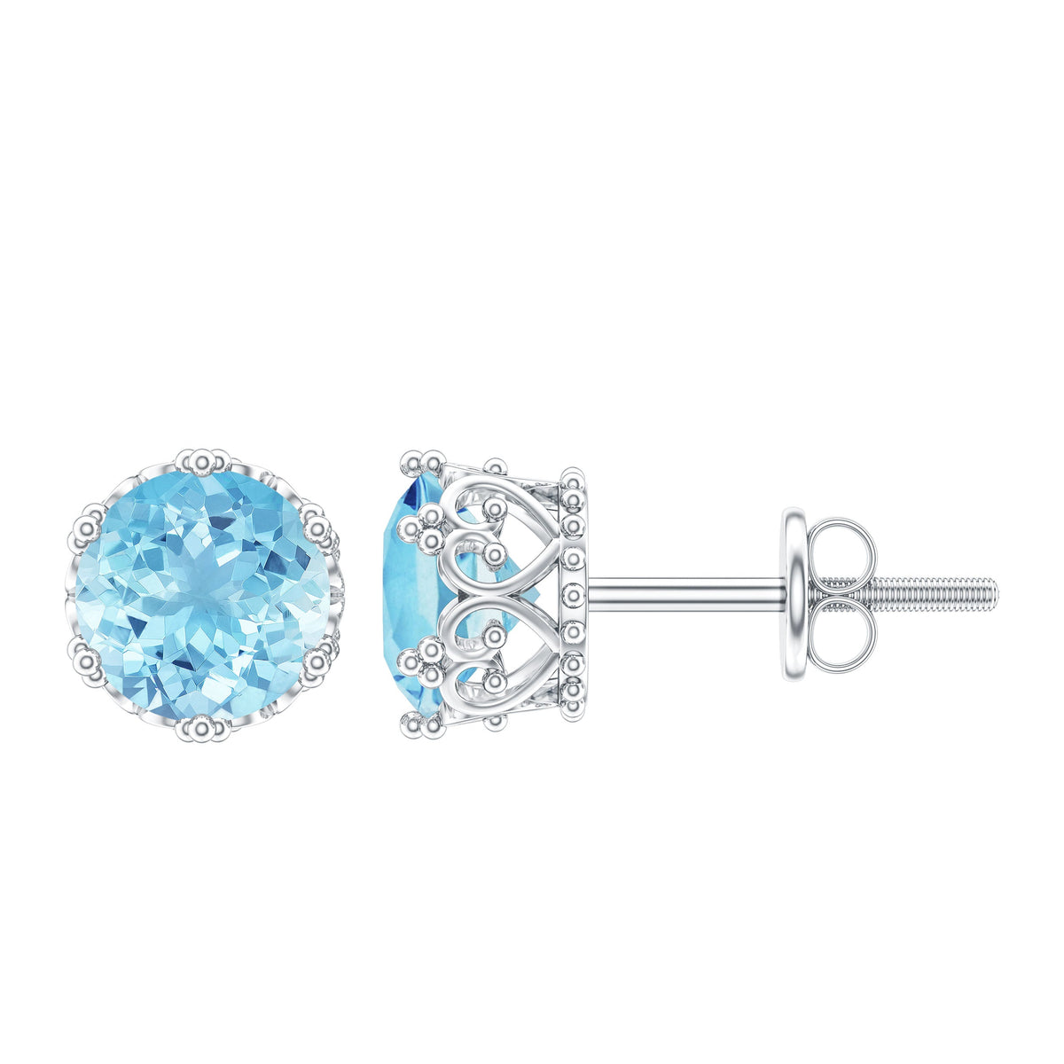 Rosec Jewels 1.6 Carat genuine aquamarine crown stud earrings, sparkling blue gemstone earrings with gold settings.