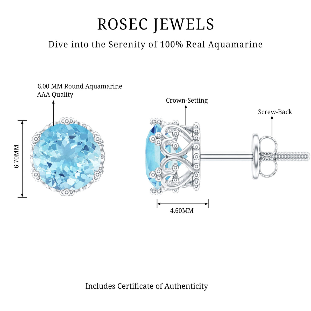 Elegant 1.6 carat genuine aquamarine crown stud earrings by Rosec Jewels featuring sparkling blue gemstones and gold settings.