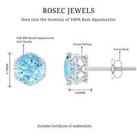 Elegant 1.6 carat genuine aquamarine crown stud earrings by Rosec Jewels featuring sparkling blue gemstones and gold settings.