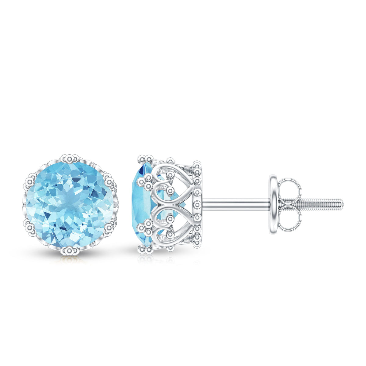 Rosec Jewels 1.6 Carat genuine aquamarine crown stud earrings with silver setting, showcasing sparkling blue gemstones.