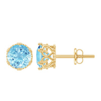 Rosec Jewels 1.6 Carat genuine aquamarine crown stud earrings with silver setting, featuring sparkling blue gemstones.