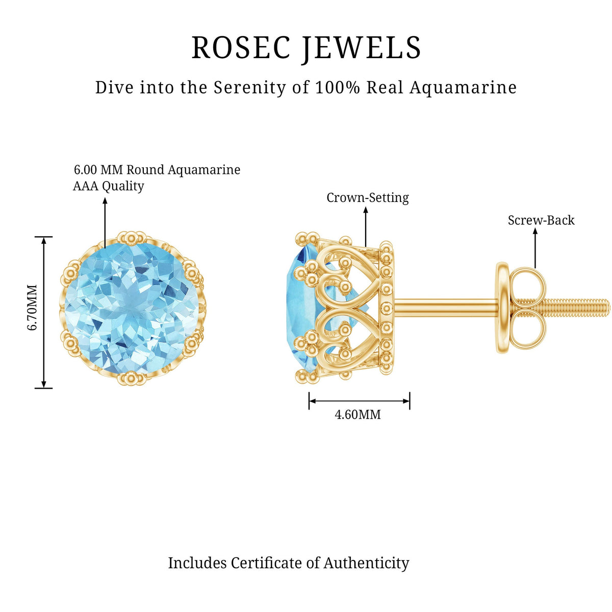 Rosec Jewels 1.6 Carat genuine aquamarine crown stud earrings featuring sparkling blue gemstones and silver settings.