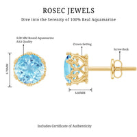 Rosec Jewels 1.6 Carat genuine aquamarine crown stud earrings featuring sparkling blue gemstones and silver settings.