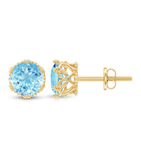 Rosec Jewels 1.6 Carat genuine aquamarine crown stud earrings showing sparkling blue gemstones and silver setting.