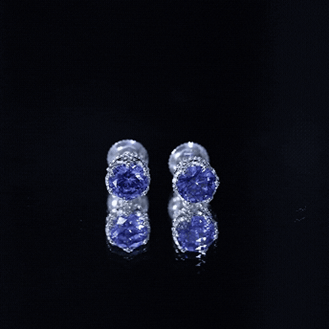 Created blue sapphire solitaire crown stud earrings by Rosec Jewels featuring 2-carat blue sapphires in a classic stud design.