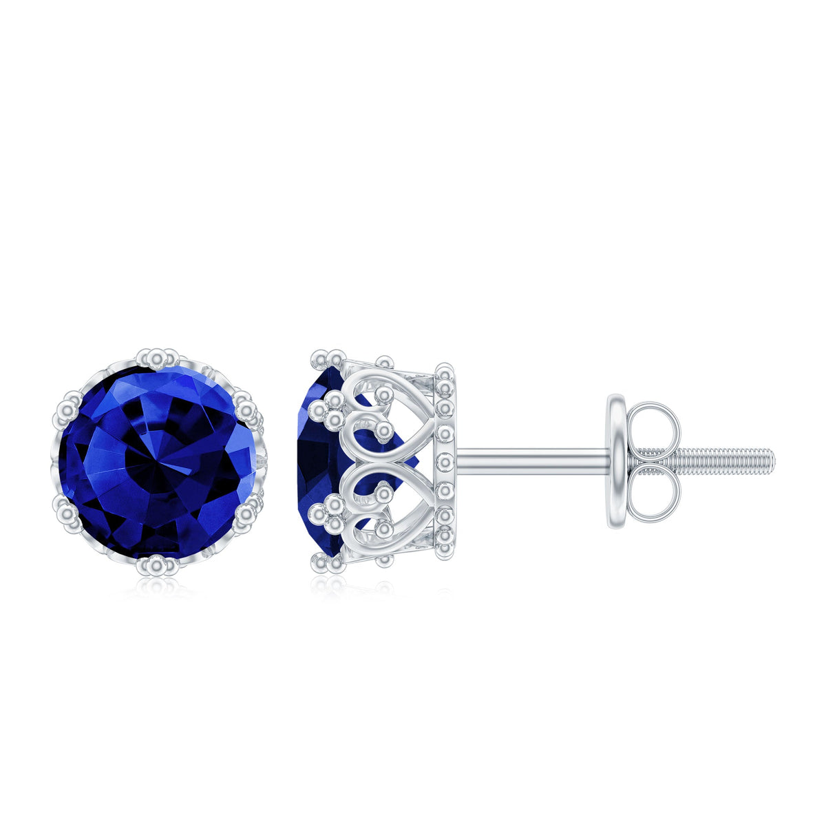 Created blue sapphire solitaire crown stud earrings by Rosec Jewels featuring 2 carats of sparkling blue sapphires in a classic setting.