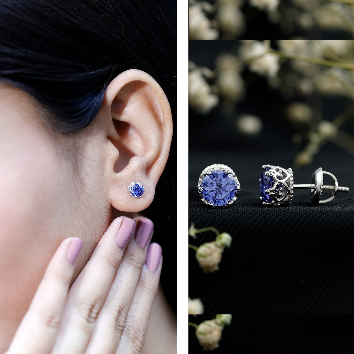 Created blue sapphire solitaire crown stud earrings by Rosec Jewels featuring 2-carat blue sapphires and elegant crown design.