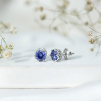 Rosec Jewels 2 CT created blue sapphire solitaire crown stud earrings, showcasing elegant blue sapphires in a classic design.