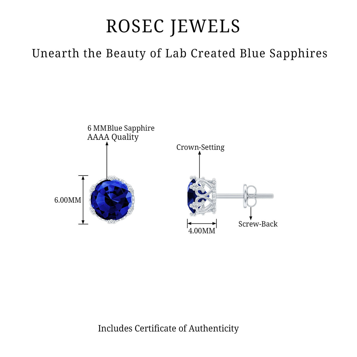 Created blue sapphire solitaire crown stud earrings by Rosec Jewels featuring two carat blue sapphires with a crown setting.