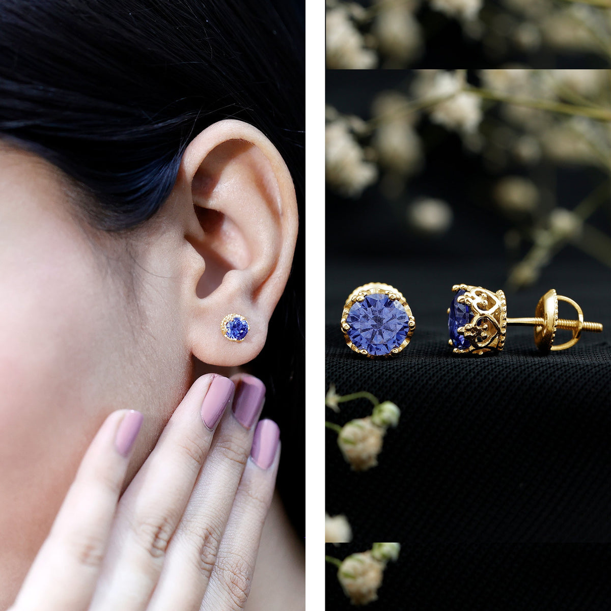 Created blue sapphire solitaire crown stud earrings by Rosec Jewels featuring two carat blue sapphires in a classic design