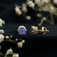 Blue sapphire solitaire crown stud earrings by Rosec Jewels, showcasing 2-carat created sapphires set in elegant earring design.