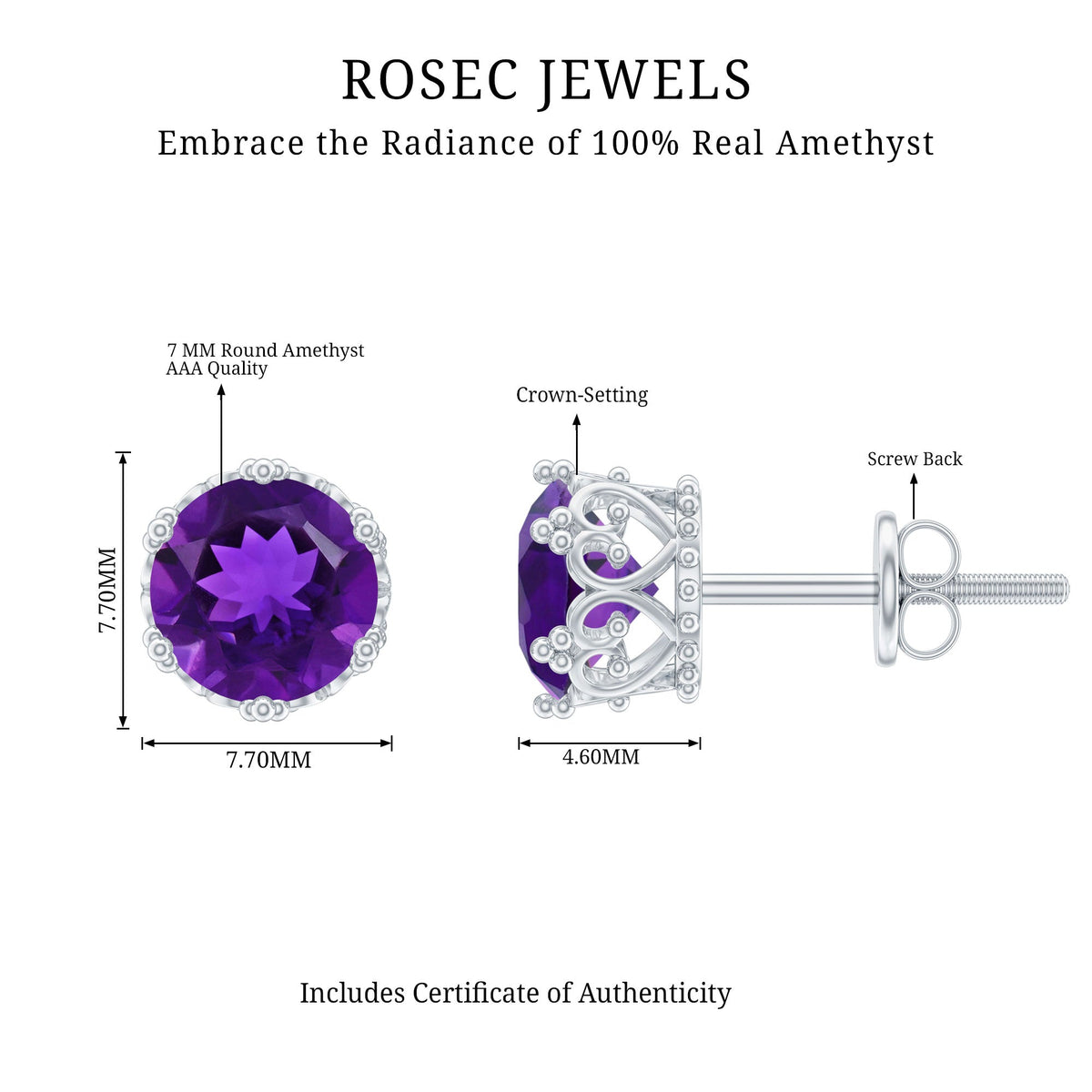 Genuine amethyst stud earrings by Rosec Jewels with certificate, featuring vibrant purple gemstones and silver settings.
