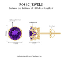 Genuine amethyst stud earrings by Rosec Jewels with certificate, featuring purple gemstone studs on silver posts.