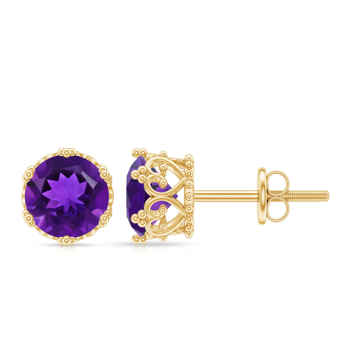 Genuine amethyst stud earrings by Rosec Jewels featuring purple gemstones with certification, displayed on a white background.