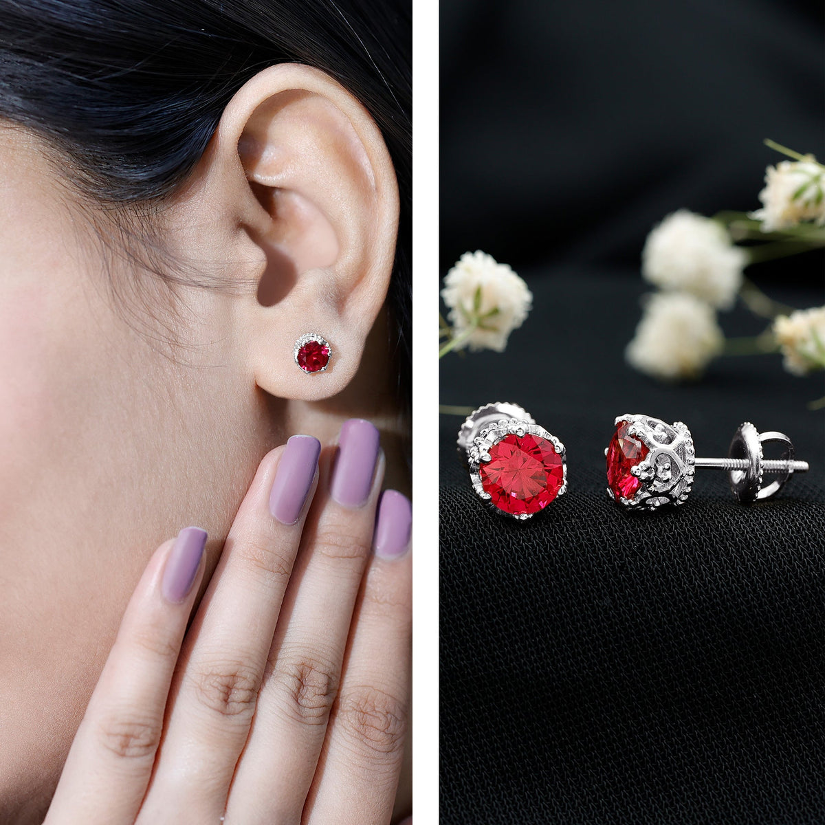 Rosec Jewels 2.7 Carat lab-created ruby solitaire stud earrings with round cut gemstones on sterling silver posts