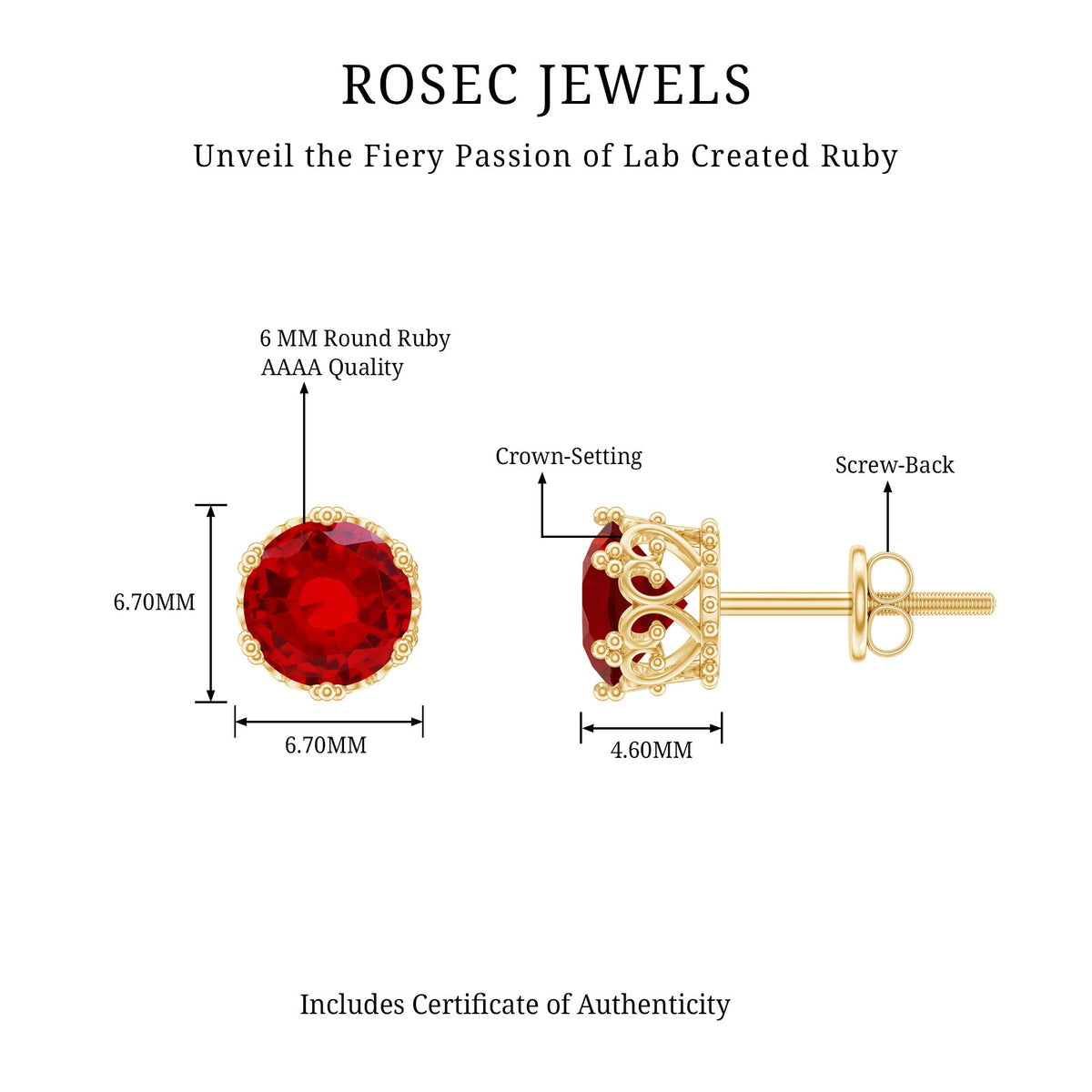 Rosec Jewels 2.7 Carat lab-created ruby solitaire stud earrings, showcasing vibrant red gemstones in a classic earring design.