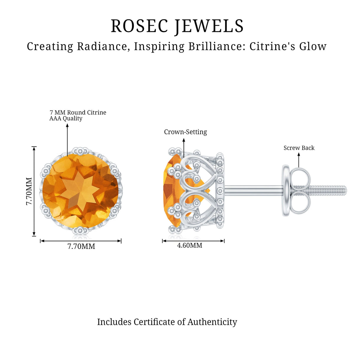 Certified real 7mm citrine crown earrings with screw back, featuring gold-tone design and intricate crown detailing.