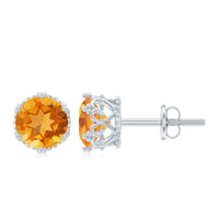 Certified real 7mm citrine crown earrings with screw back, featuring sparkling yellow gemstones and intricate gold settings.
