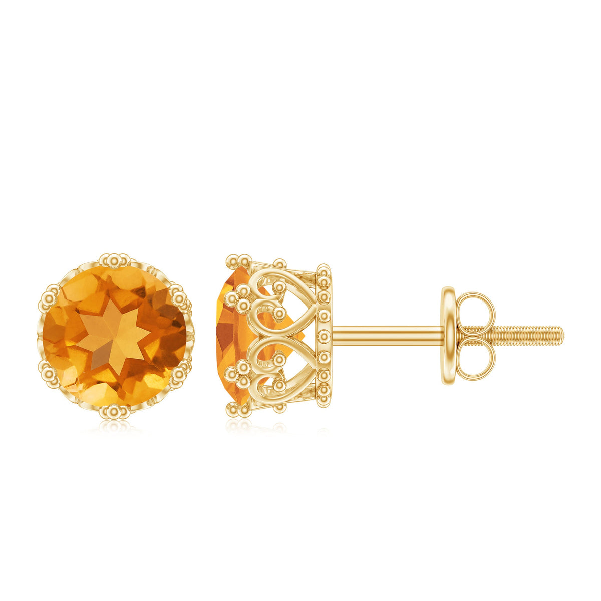 Certified real 7mm citrine crown earrings with screw back, showcasing elegant gold-tone jewelry by Rosec Jewels.