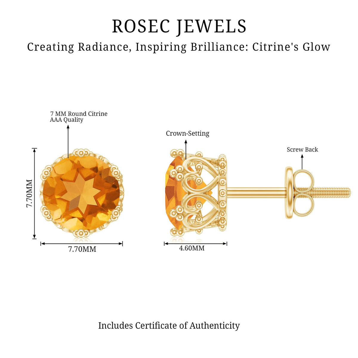 Certified real 7mm citrine crown earrings with screw back, featuring gold-tone design and detailed crown setting.