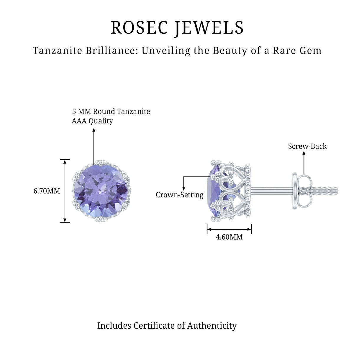 Natural 1 Carat Tanzanite crown stud earrings with screw back from Rosec Jewels, showcasing sparkling blue gemstones and elegant design.